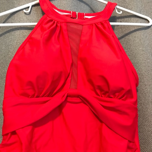 Chic High Neck Red One Piece Modest Swimsuit Halter Cutout Lined Full Coverage - Picture 4 of 7